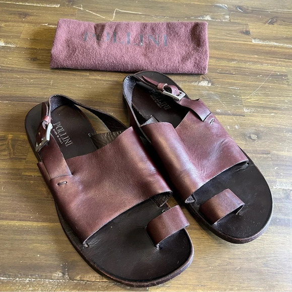 Pollini Men’s Leather Sandals Toe Ring Jesus Jerusalem Dark Brown Dust Bag